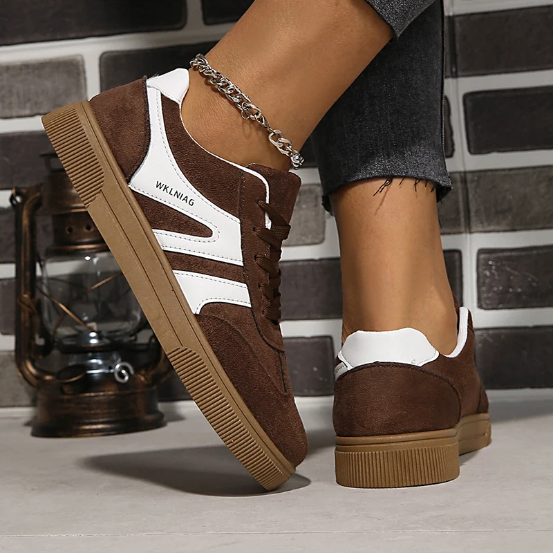 Faux Suede Brown Platform Sneakers Women 2026 Spring Non Slip Flat Heels Casual Walking Shoes Woman Thick Sole Vulcanize Shoes
