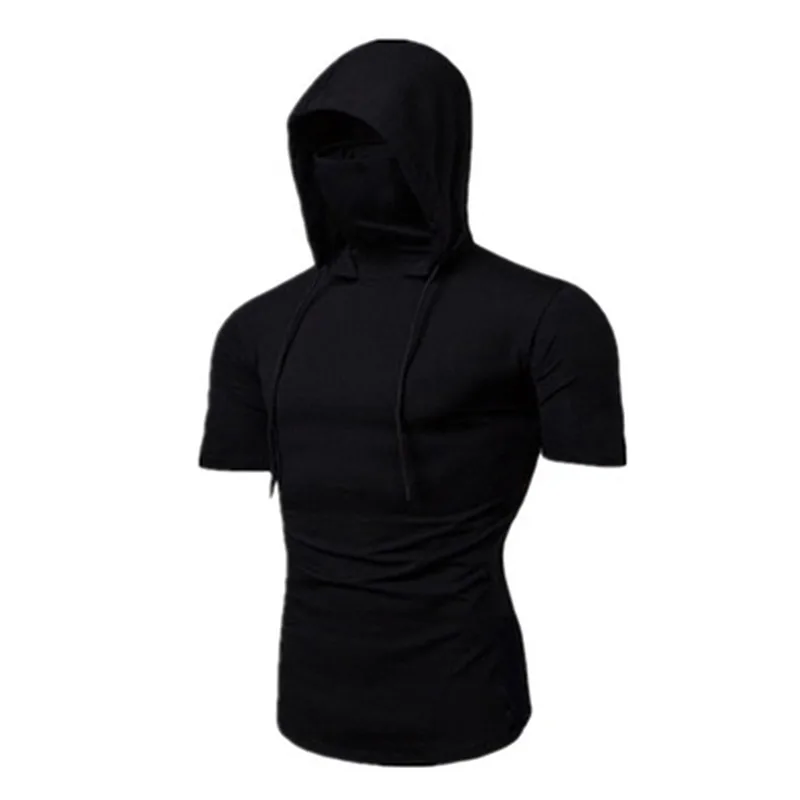 Men New Gym Thin Hoodie Short Sleeve Hoodies With Mask Sweatshirt Casual Splice Large Mask Hoodie Sweatshirt Hooded Tops Cycling