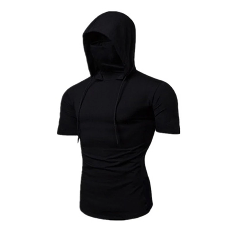 Men New Gym Thin Hoodie Short Sleeve Hoodies With Mask Sweatshirt Casual Splice Large Mask Hoodie Sweatshirt Hooded Tops Cycling