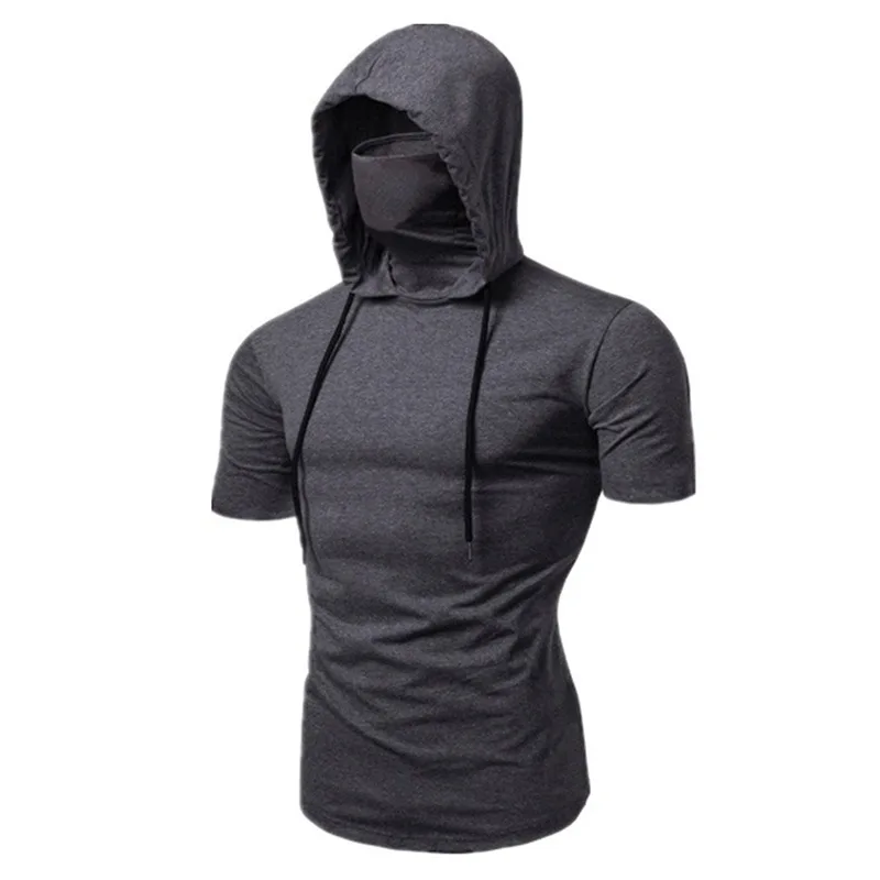 Men New Gym Thin Hoodie Short Sleeve Hoodies With Mask Sweatshirt Casual Splice Large Mask Hoodie Sweatshirt Hooded Tops Cycling