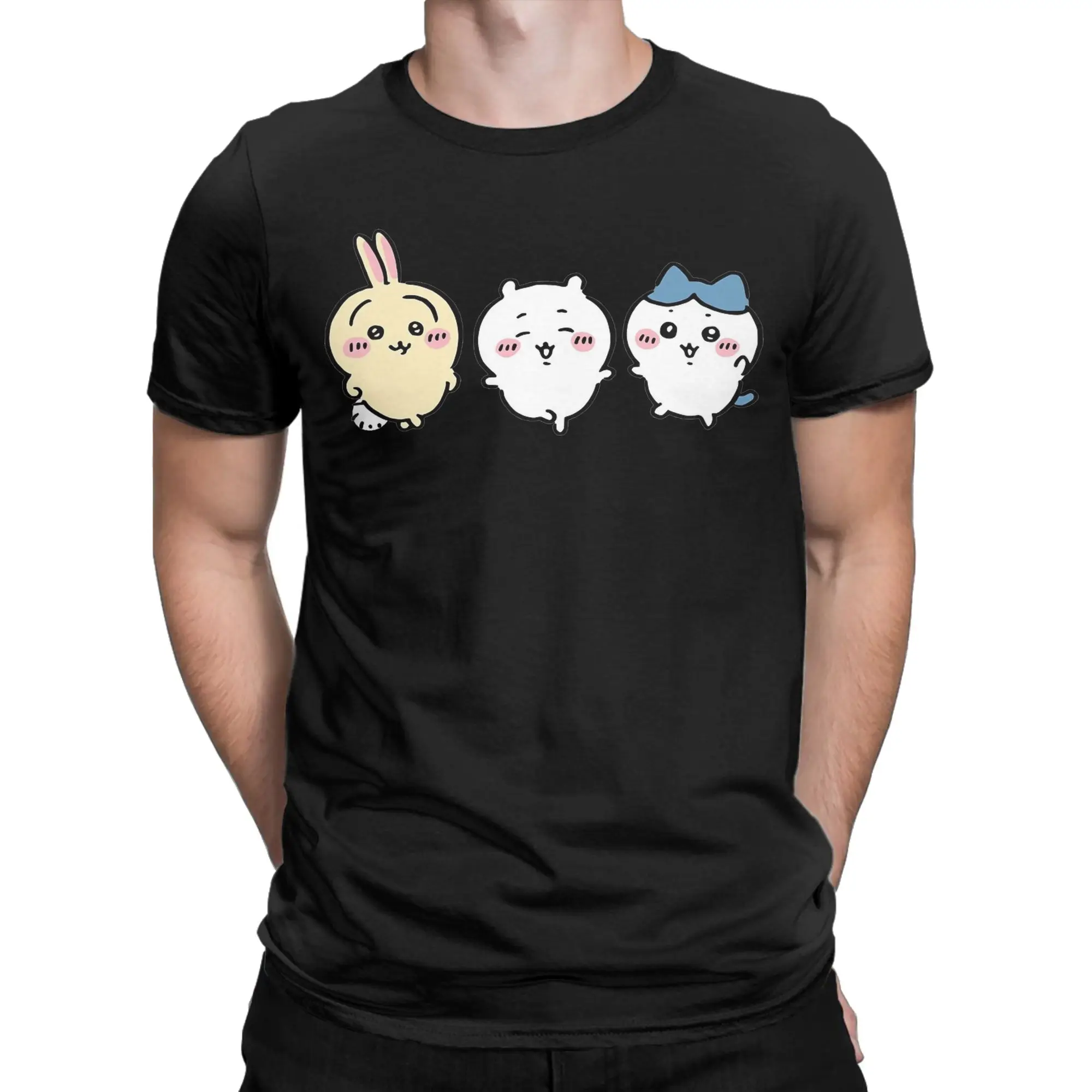 Chiikawas Hachiware Usagi Cute Kawaii T Shirt Men 100% Cotton Humorous T-Shirts Crew Neck Tees Short Sleeve Clothing Gift Idea