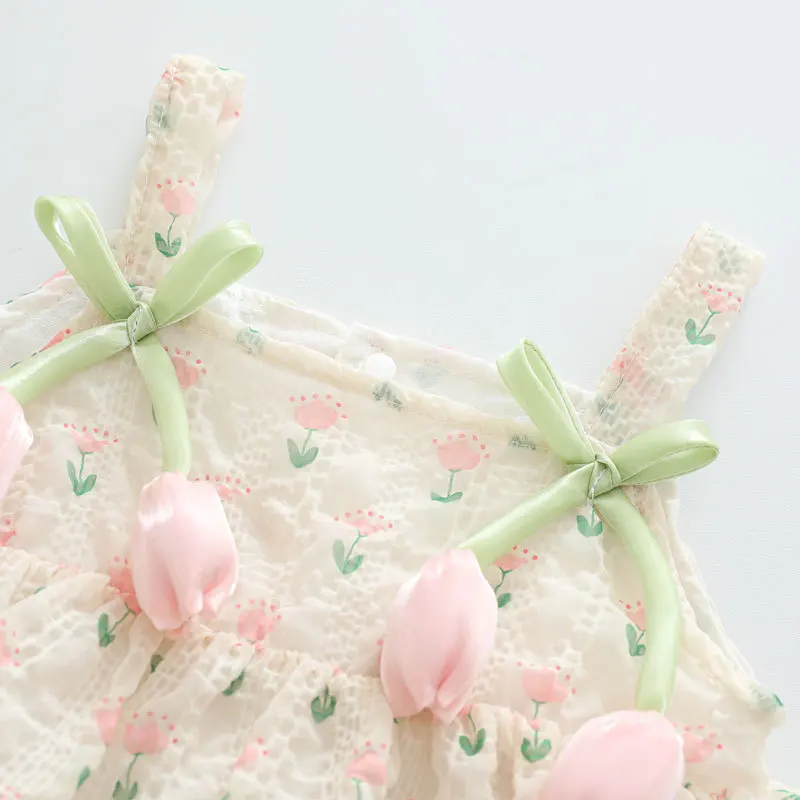 2026 Baby Girl Summer Princess Strap Bodysuit 0-2Y 3D Flower Thin Breathable Lace Tutu Infant Romper Newborn 100 Days Outfit