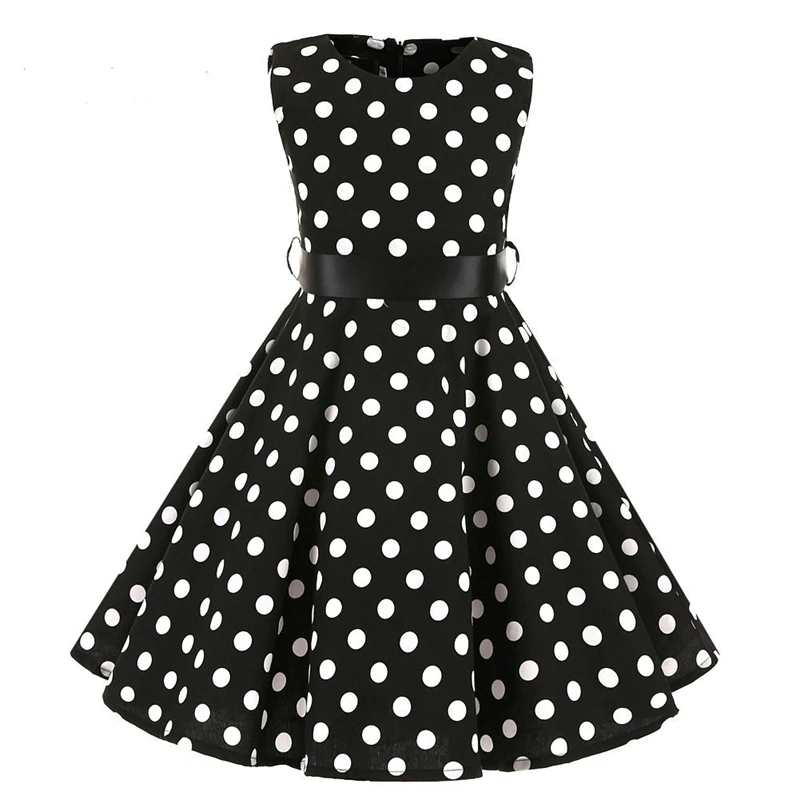 Vintage Retro Polka Dot Cotton Dresses for Kids Girls A-line Dresses Pleated Skirt Knee-Length Holiday Party Dress