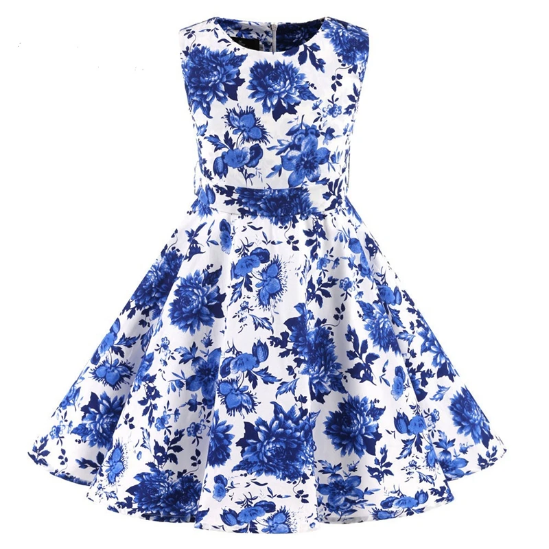 Vintage Retro Polka Dot Cotton Dresses for Kids Girls A-line Dresses Pleated Skirt Knee-Length Holiday Party Dress