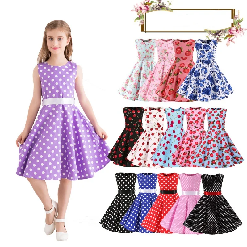Vintage Retro Polka Dot Cotton Dresses for Kids Girls A-line Dresses Pleated Skirt Knee-Length Holiday Party Dress