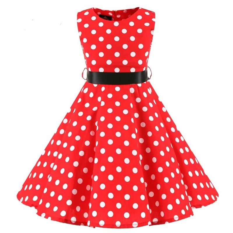 Vintage Retro Polka Dot Cotton Dresses for Kids Girls A-line Dresses Pleated Skirt Knee-Length Holiday Party Dress