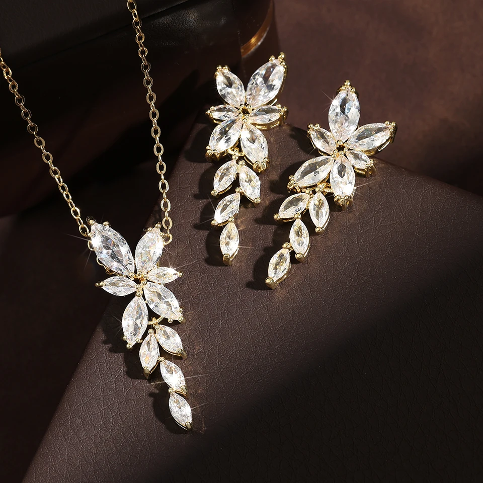 ZAKOL Exquisite Luxury Leaf AAA Zirconia Earring Necklace Bracelet Set for Women Buling Buling CZ Wedding Party Jewelry Set
