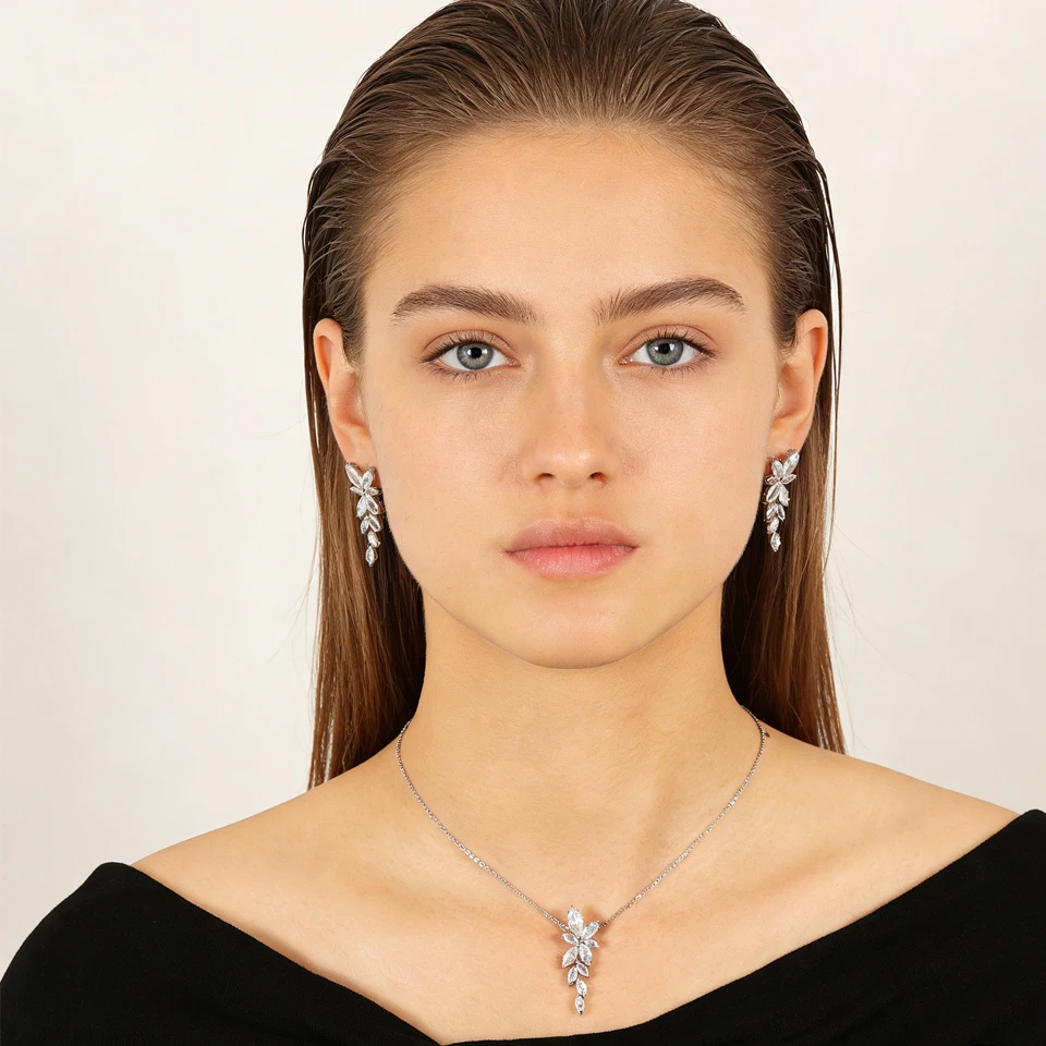 ZAKOL Exquisite Luxury Leaf AAA Zirconia Earring Necklace Bracelet Set for Women Buling Buling CZ Wedding Party Jewelry Set