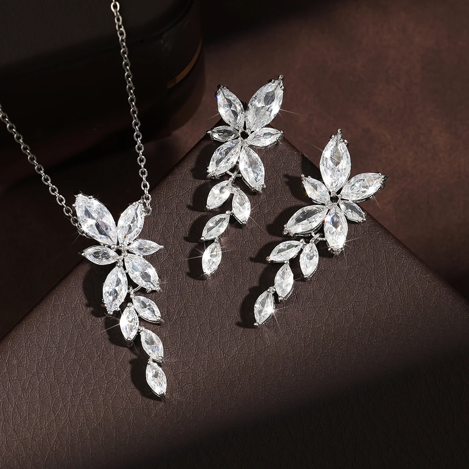 ZAKOL Exquisite Luxury Leaf AAA Zirconia Earring Necklace Bracelet Set for Women Buling Buling CZ Wedding Party Jewelry Set