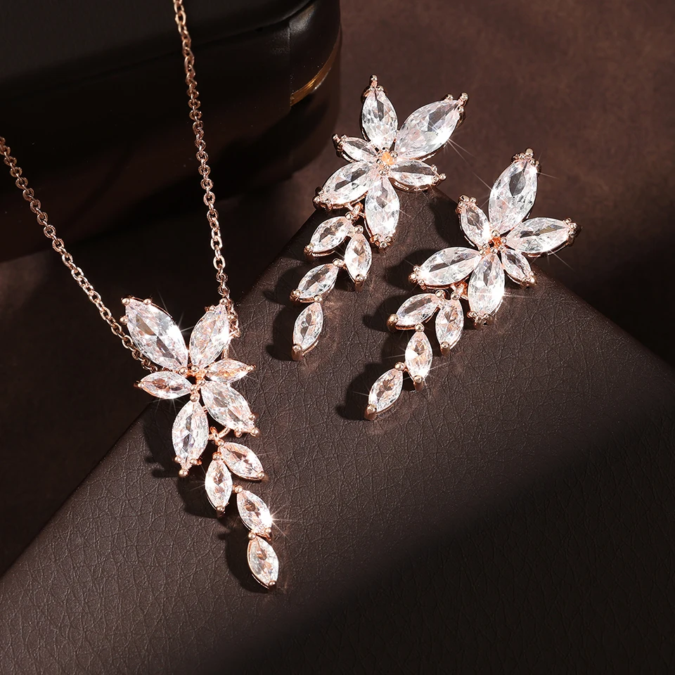 ZAKOL Exquisite Luxury Leaf AAA Zirconia Earring Necklace Bracelet Set for Women Buling Buling CZ Wedding Party Jewelry Set