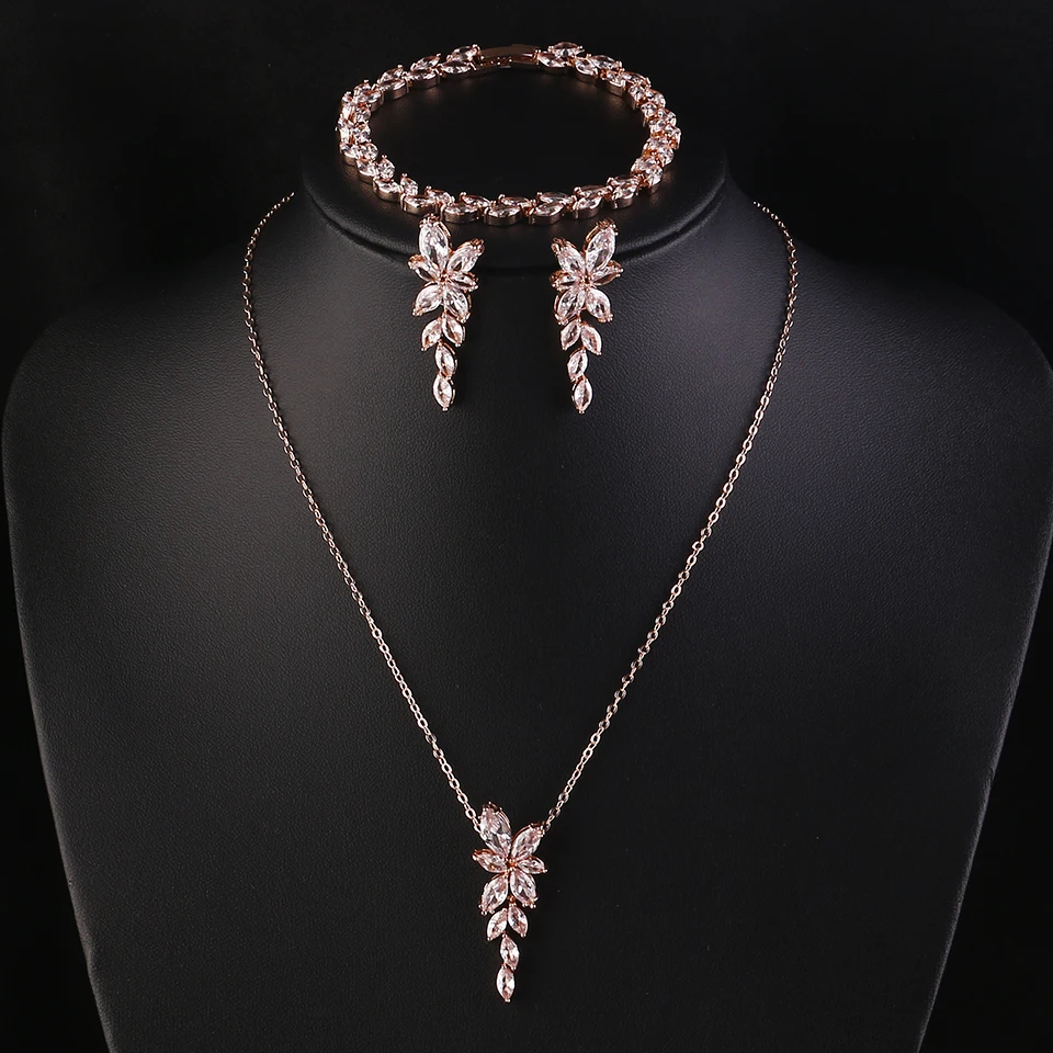 ZAKOL Exquisite Luxury Leaf AAA Zirconia Earring Necklace Bracelet Set for Women Buling Buling CZ Wedding Party Jewelry Set