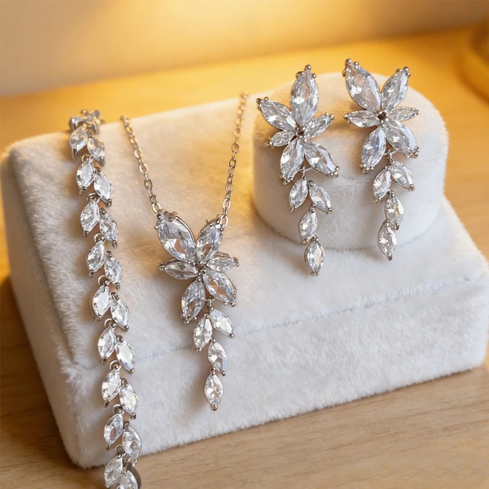 ZAKOL Exquisite Luxury Leaf AAA Zirconia Earring Necklace Bracelet Set for Women Buling Buling CZ Wedding Party Jewelry Set