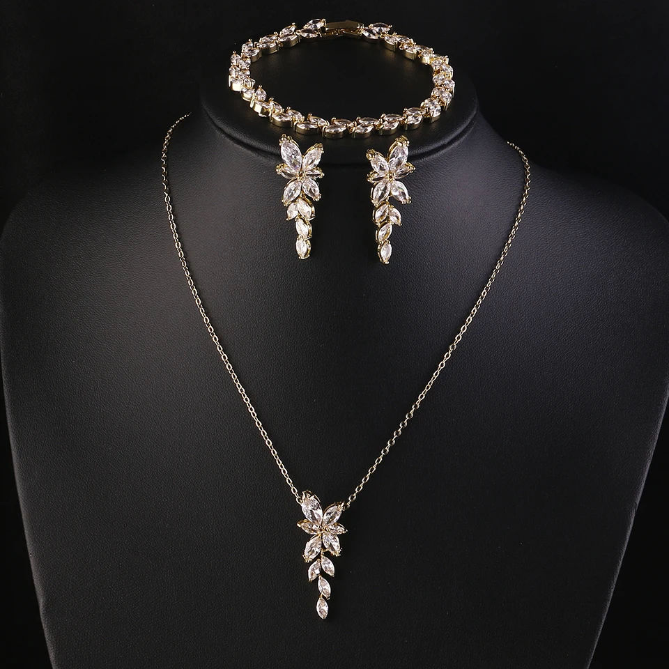 ZAKOL Exquisite Luxury Leaf AAA Zirconia Earring Necklace Bracelet Set for Women Buling Buling CZ Wedding Party Jewelry Set