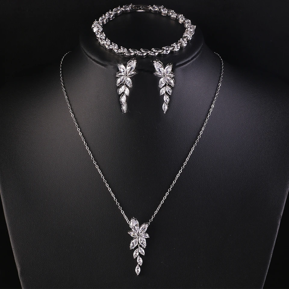 ZAKOL Exquisite Luxury Leaf AAA Zirconia Earring Necklace Bracelet Set for Women Buling Buling CZ Wedding Party Jewelry Set