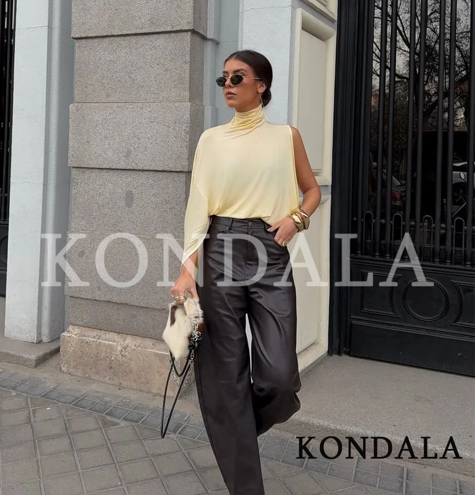 KONDALA Elegant High Neck Asymmetrical Tops Women's High Street Yellow Tops New 2026 Summer Fashion Romantic Holidays Lady Tops