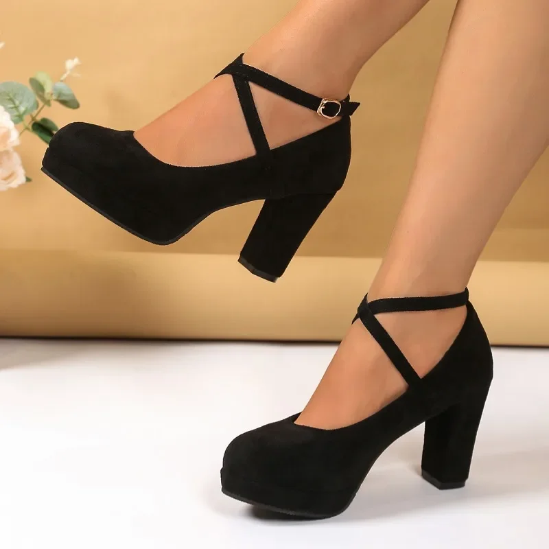 Summer New Round Toe Shallow Mouth Suede Platform Slip Strap Anti-Slip Wear-Resistant High Heels High Heeled Single Shoes