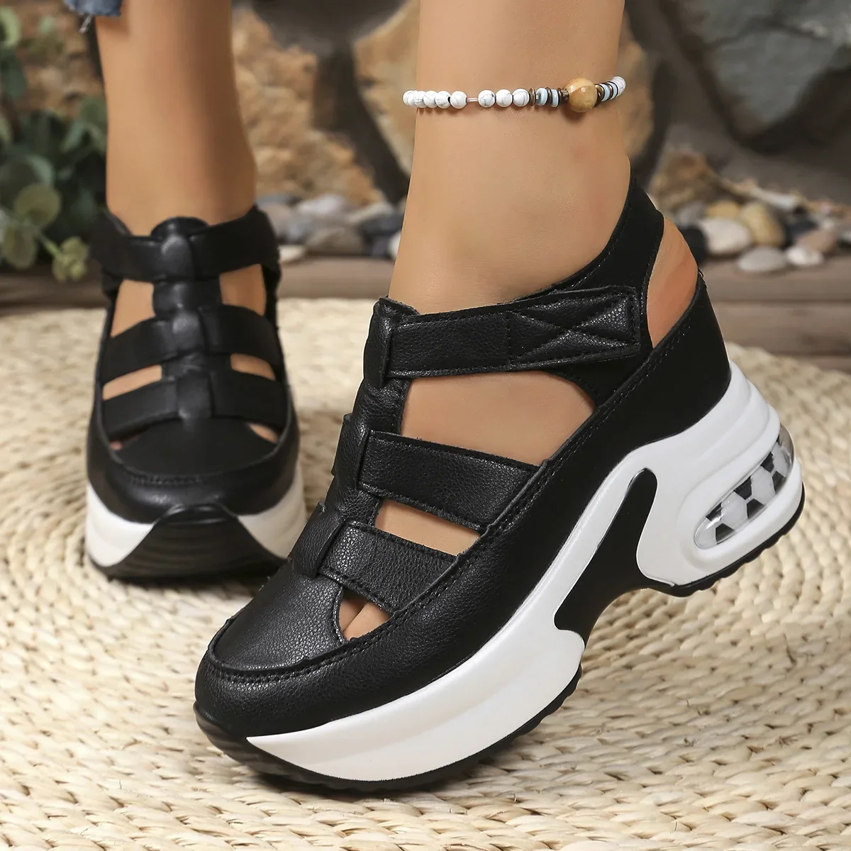 Women's Summer New Hollow Out Thick Heel Sandals Breathable Slip-On Shoes Large Size Platform Magic Tape Casual Loafers