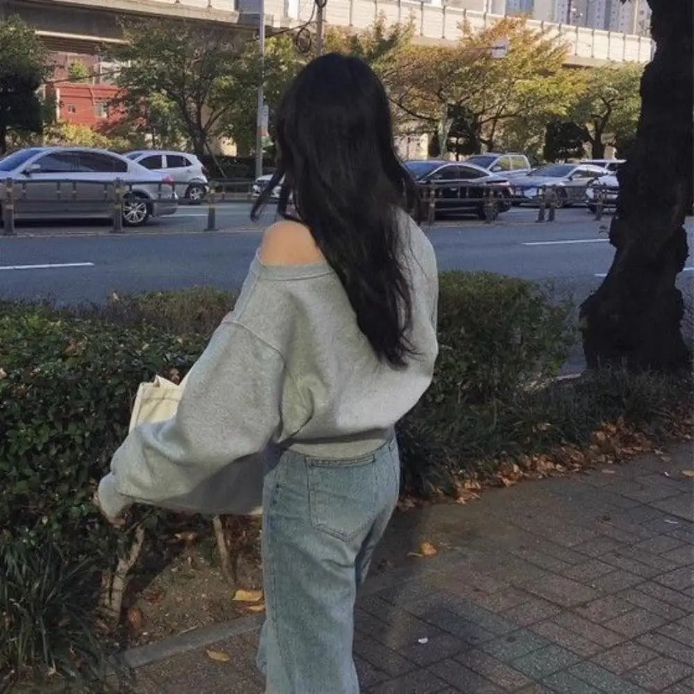 Korean Style Retro Long Sleeve T Shirt Solid Color Casual Off Shoulder Blouse Stylish Loose Autumn Hoodie Crop Top Female