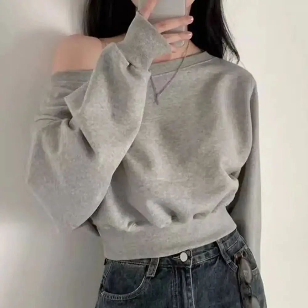 Korean Style Retro Long Sleeve T Shirt Solid Color Casual Off Shoulder Blouse Stylish Loose Autumn Hoodie Crop Top Female