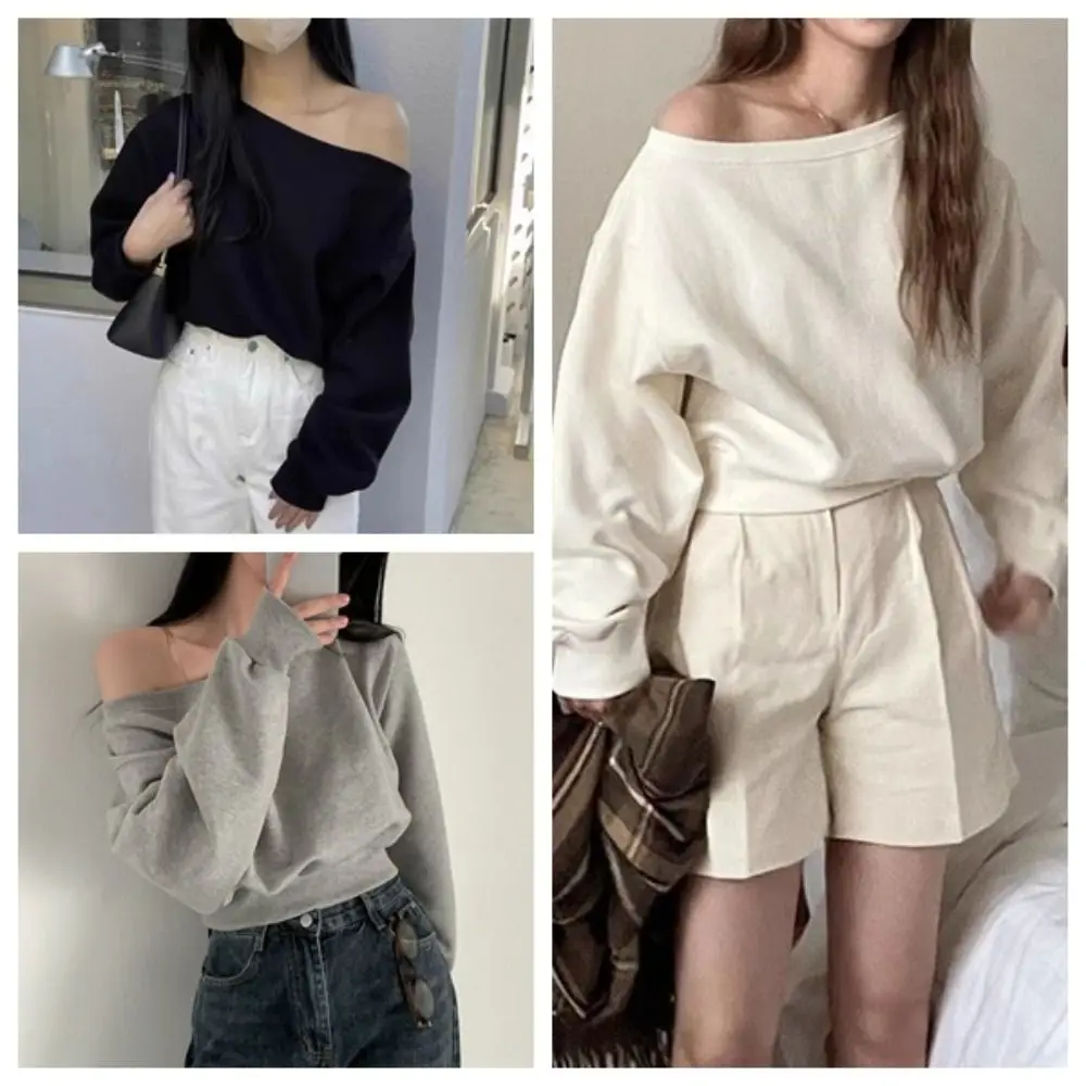 Korean Style Retro Long Sleeve T Shirt Solid Color Casual Off Shoulder Blouse Stylish Loose Autumn Hoodie Crop Top Female