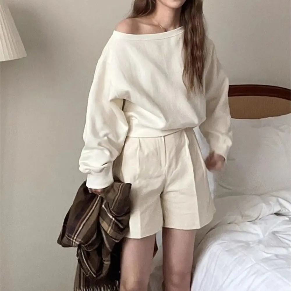 Korean Style Retro Long Sleeve T Shirt Solid Color Casual Off Shoulder Blouse Stylish Loose Autumn Hoodie Crop Top Female