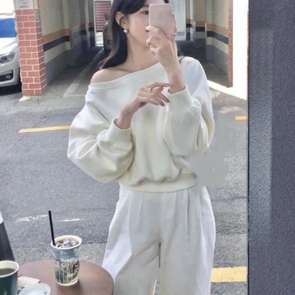 Korean Style Retro Long Sleeve T Shirt Solid Color Casual Off Shoulder Blouse Stylish Loose Autumn Hoodie Crop Top Female