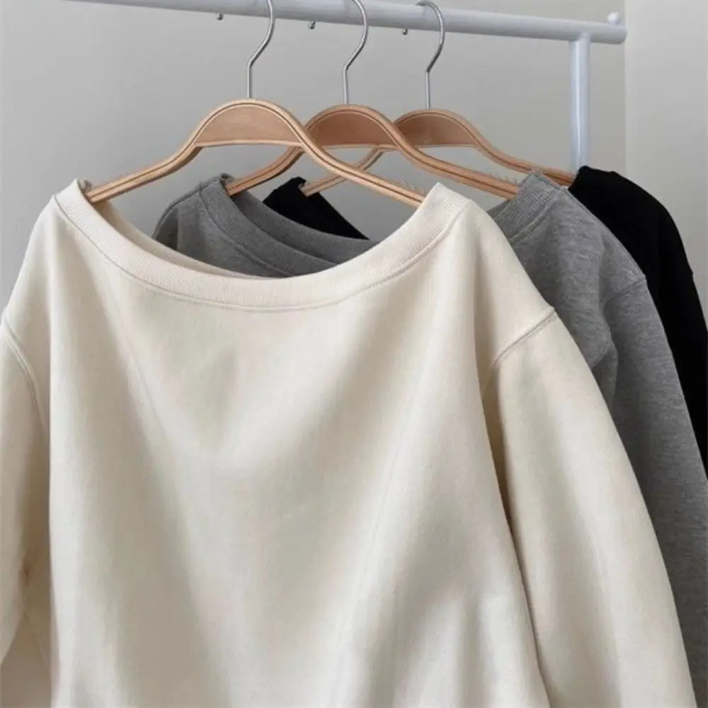 Korean Style Retro Long Sleeve T Shirt Solid Color Casual Off Shoulder Blouse Stylish Loose Autumn Hoodie Crop Top Female