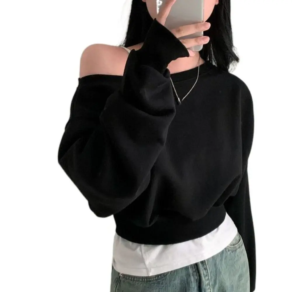 Korean Style Retro Long Sleeve T Shirt Solid Color Casual Off Shoulder Blouse Stylish Loose Autumn Hoodie Crop Top Female