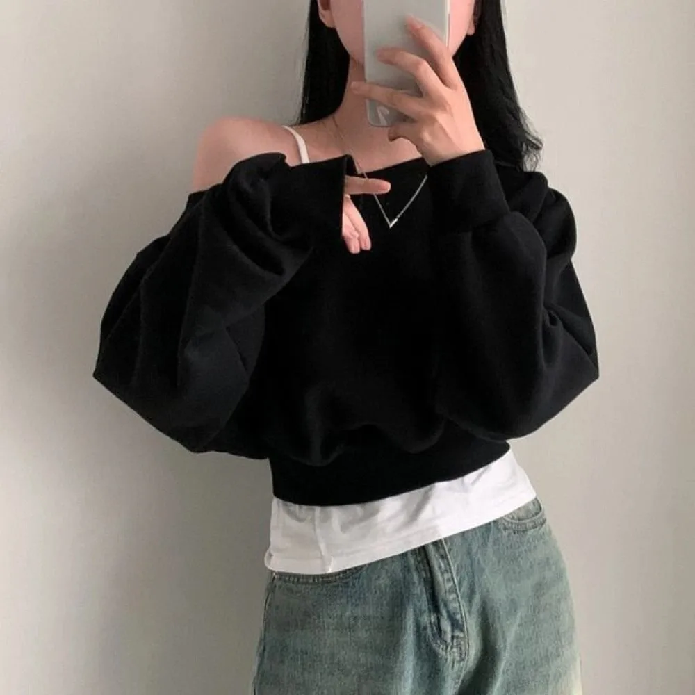 Korean Style Retro Long Sleeve T Shirt Solid Color Casual Off Shoulder Blouse Stylish Loose Autumn Hoodie Crop Top Female
