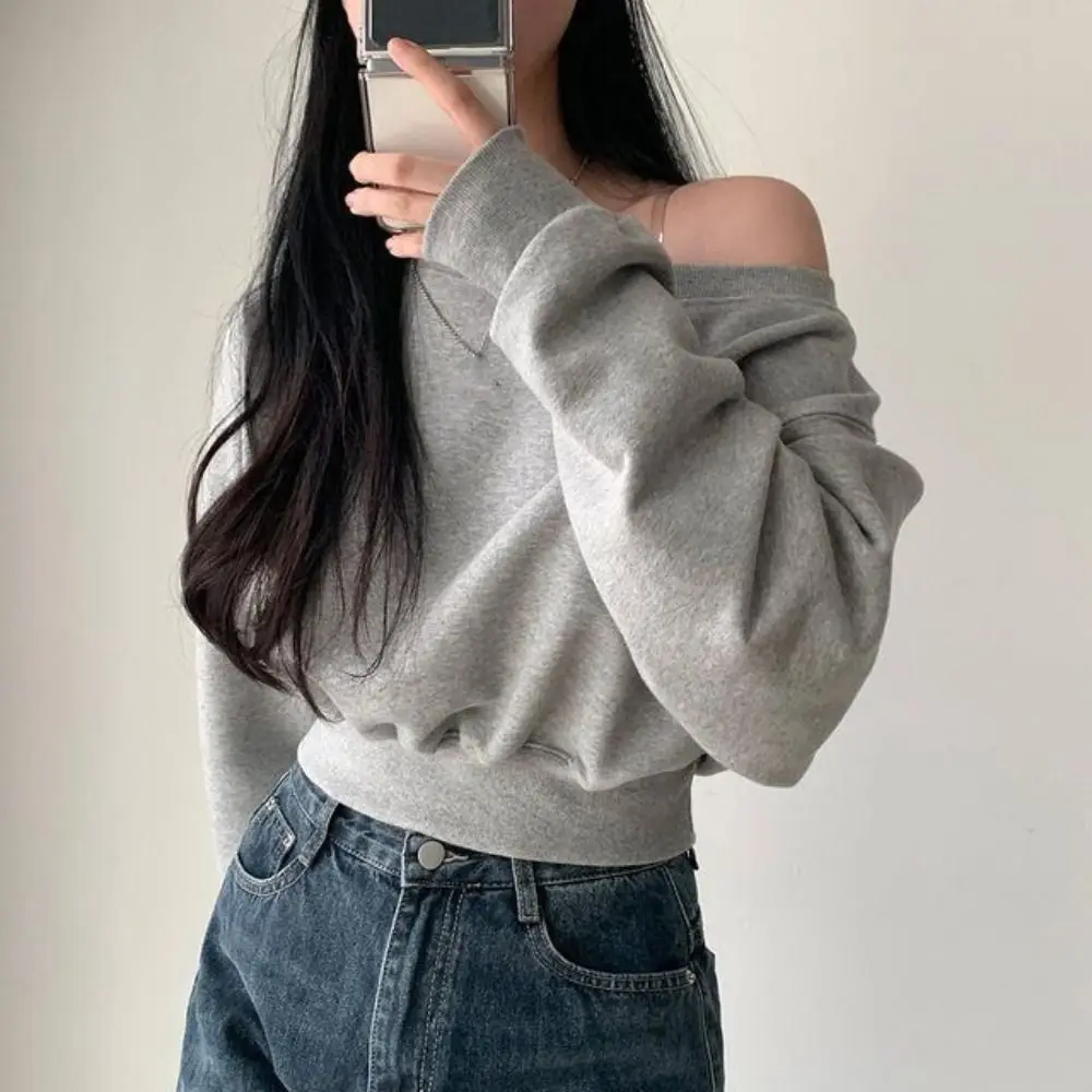 Korean Style Retro Long Sleeve T Shirt Solid Color Casual Off Shoulder Blouse Stylish Loose Autumn Hoodie Crop Top Female