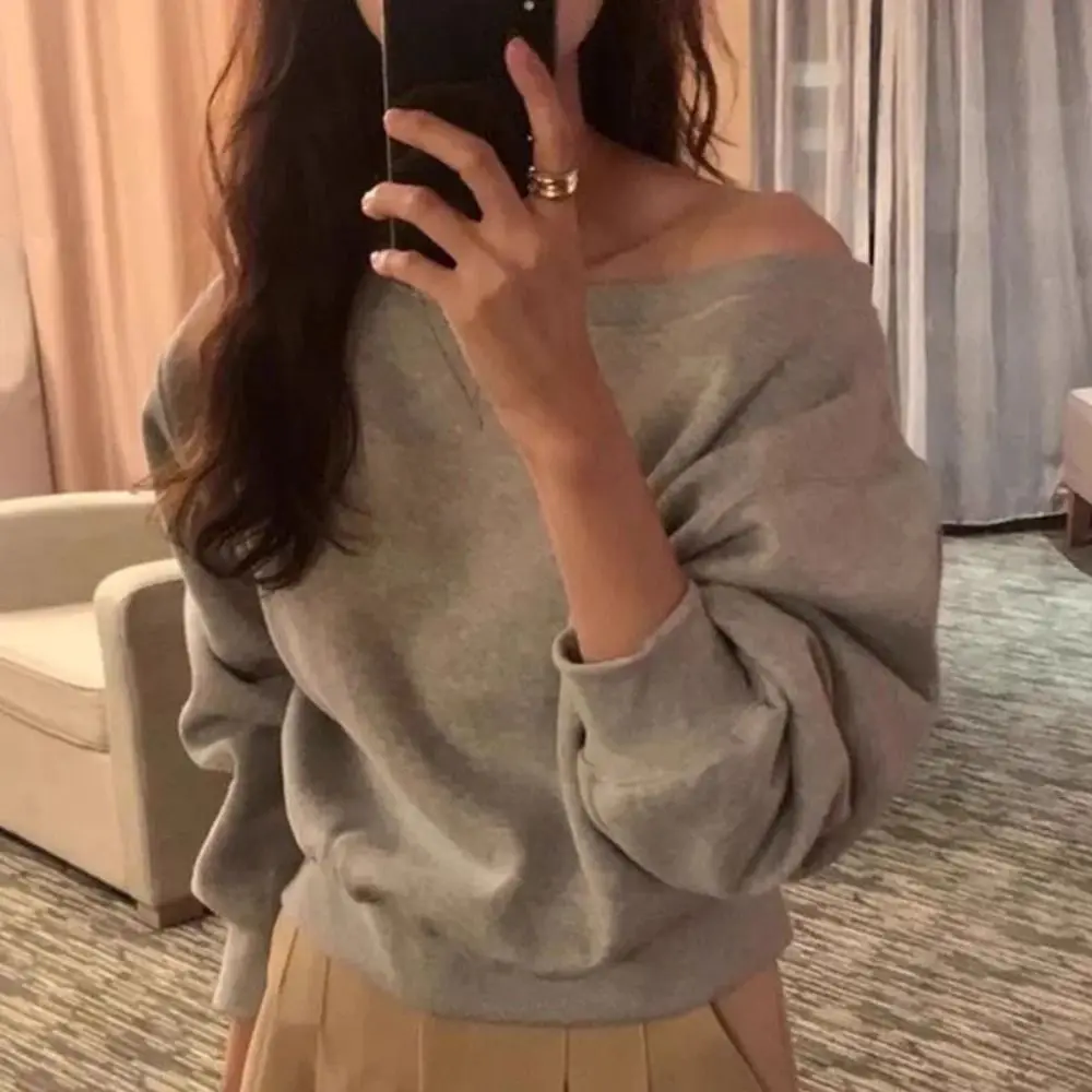 Korean Style Retro Long Sleeve T Shirt Solid Color Casual Off Shoulder Blouse Stylish Loose Autumn Hoodie Crop Top Female