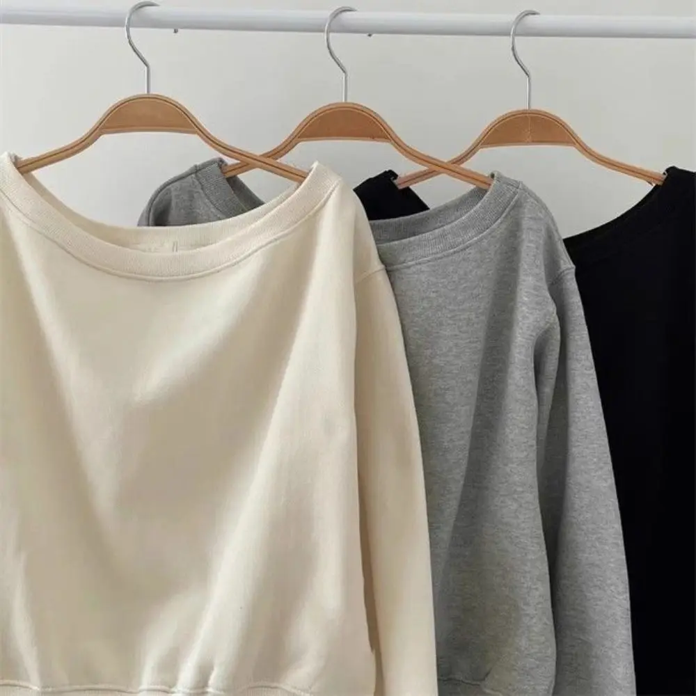 Korean Style Retro Long Sleeve T Shirt Solid Color Casual Off Shoulder Blouse Stylish Loose Autumn Hoodie Crop Top Female