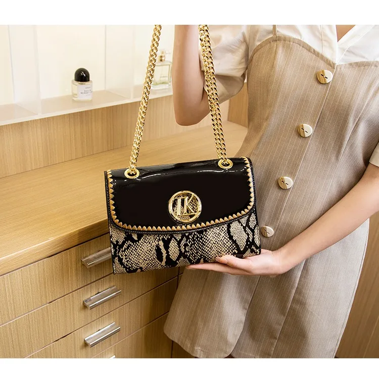 LK Manufacturer Direct Sale Fashion Versatile High-End Snake Print Glossy Leather Single Shoulder Crossbody Chain Bag