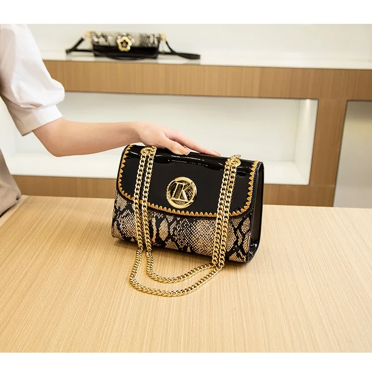 LK Manufacturer Direct Sale Fashion Versatile High-End Snake Print Glossy Leather Single Shoulder Crossbody Chain Bag