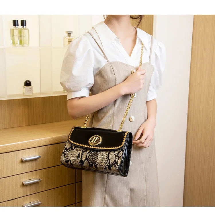 LK Manufacturer Direct Sale Fashion Versatile High-End Snake Print Glossy Leather Single Shoulder Crossbody Chain Bag