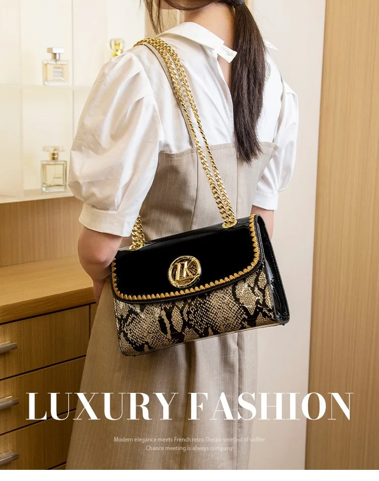 LK Manufacturer Direct Sale Fashion Versatile High-End Snake Print Glossy Leather Single Shoulder Crossbody Chain Bag
