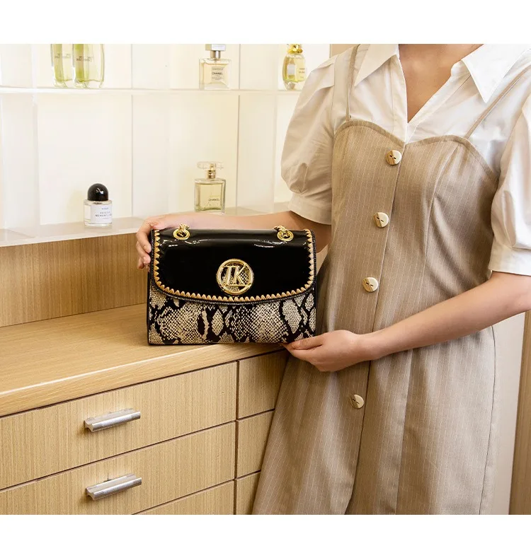 LK Manufacturer Direct Sale Fashion Versatile High-End Snake Print Glossy Leather Single Shoulder Crossbody Chain Bag