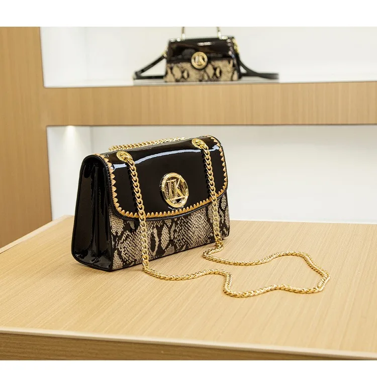LK Manufacturer Direct Sale Fashion Versatile High-End Snake Print Glossy Leather Single Shoulder Crossbody Chain Bag