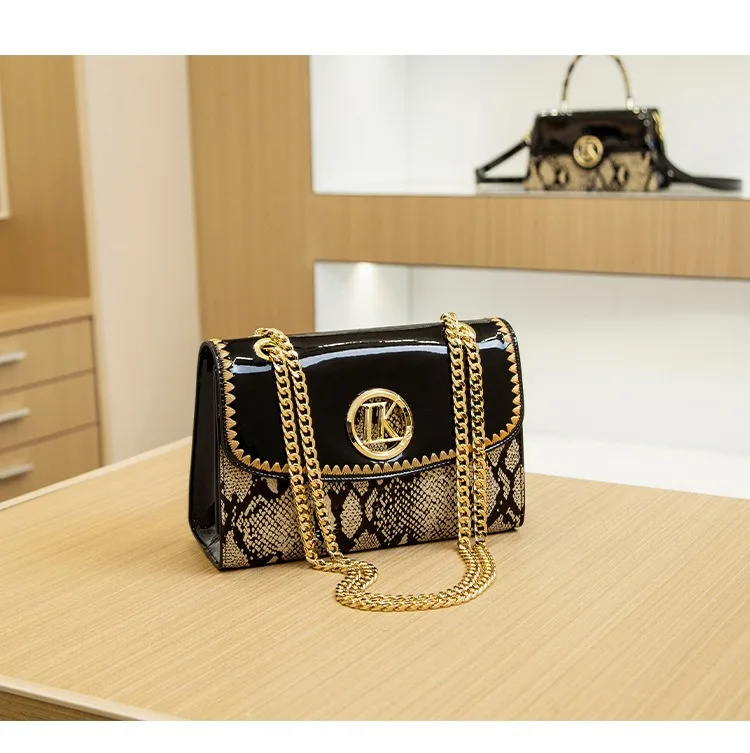 LK Manufacturer Direct Sale Fashion Versatile High-End Snake Print Glossy Leather Single Shoulder Crossbody Chain Bag
