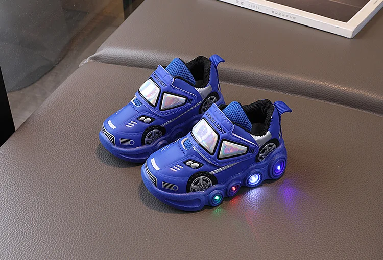 2026 Kids'Casual Shoes Led Light Car Club Cartoon PU Leather Spring Shoes For Children Anti-slip Red Blue Shoes Size 21-30