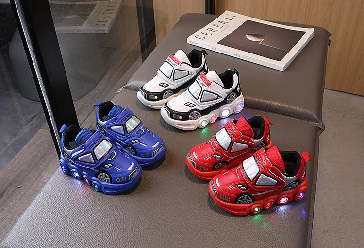 2026 Kids'Casual Shoes Led Light Car Club Cartoon PU Leather Spring Shoes For Children Anti-slip Red Blue Shoes Size 21-30