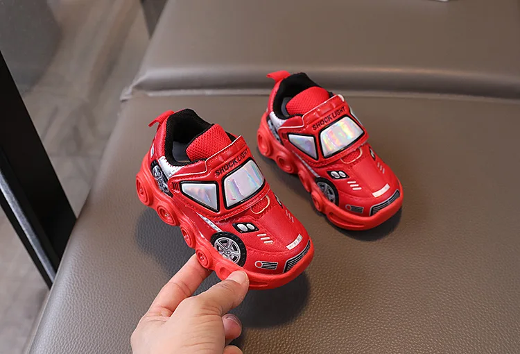 2026 Kids'Casual Shoes Led Light Car Club Cartoon PU Leather Spring Shoes For Children Anti-slip Red Blue Shoes Size 21-30