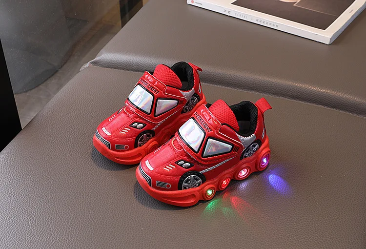 2026 Kids'Casual Shoes Led Light Car Club Cartoon PU Leather Spring Shoes For Children Anti-slip Red Blue Shoes Size 21-30