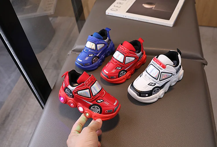2026 Kids'Casual Shoes Led Light Car Club Cartoon PU Leather Spring Shoes For Children Anti-slip Red Blue Shoes Size 21-30