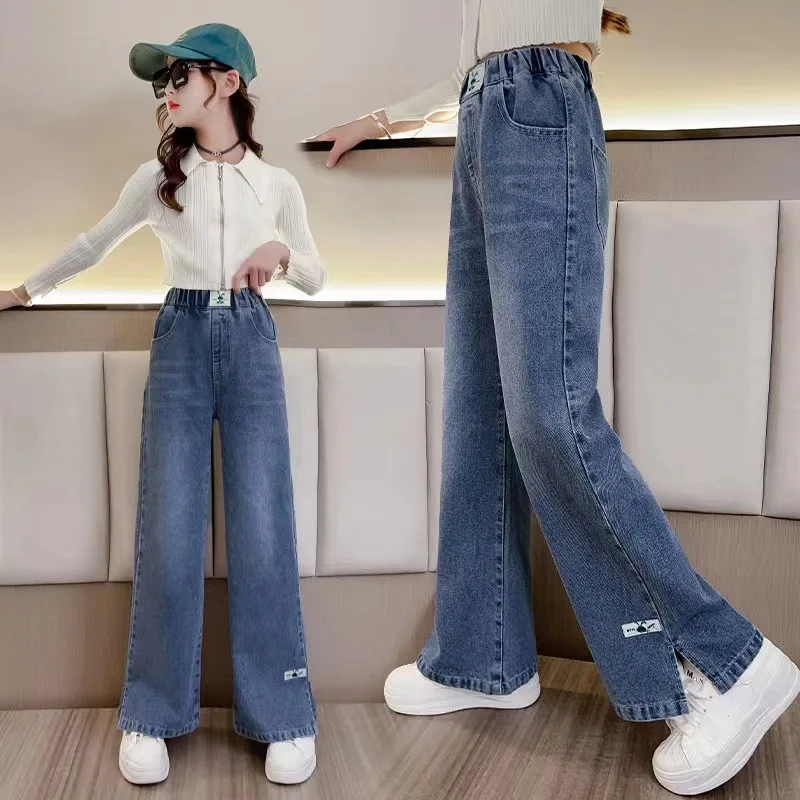 2026 Spring Kid's Jeans 3-9Y Cute Girls Solid Color Loose Wide Leg Pants Childrens Outwear Denim Trousers