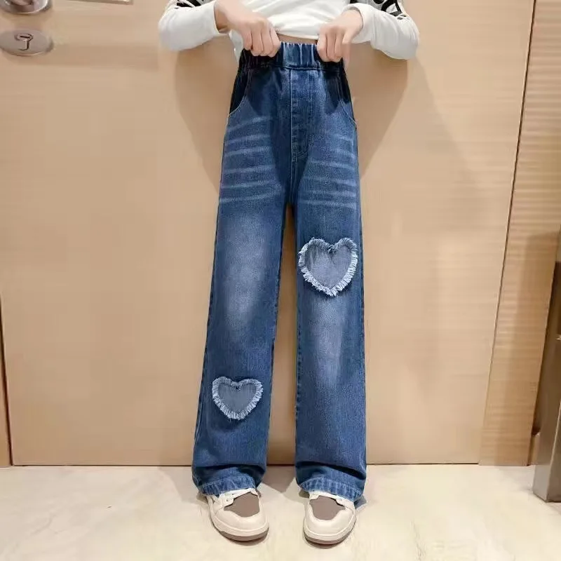 2026 Spring Kid's Jeans 3-9Y Cute Girls Solid Color Loose Wide Leg Pants Childrens Outwear Denim Trousers