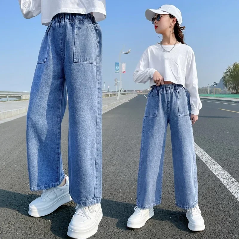 2026 Spring Kid's Jeans 3-9Y Cute Girls Solid Color Loose Wide Leg Pants Childrens Outwear Denim Trousers