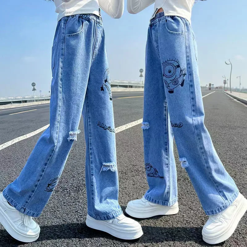 2026 Spring Kid's Jeans 3-9Y Cute Girls Solid Color Loose Wide Leg Pants Childrens Outwear Denim Trousers