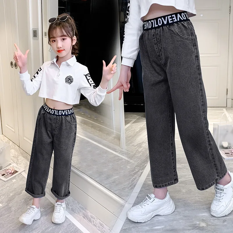 2026 Spring Kid's Jeans 3-9Y Cute Girls Solid Color Loose Wide Leg Pants Childrens Outwear Denim Trousers