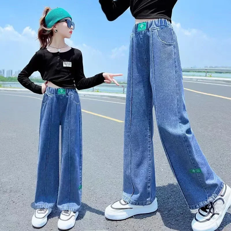 2026 Spring Kid's Jeans 3-9Y Cute Girls Solid Color Loose Wide Leg Pants Childrens Outwear Denim Trousers
